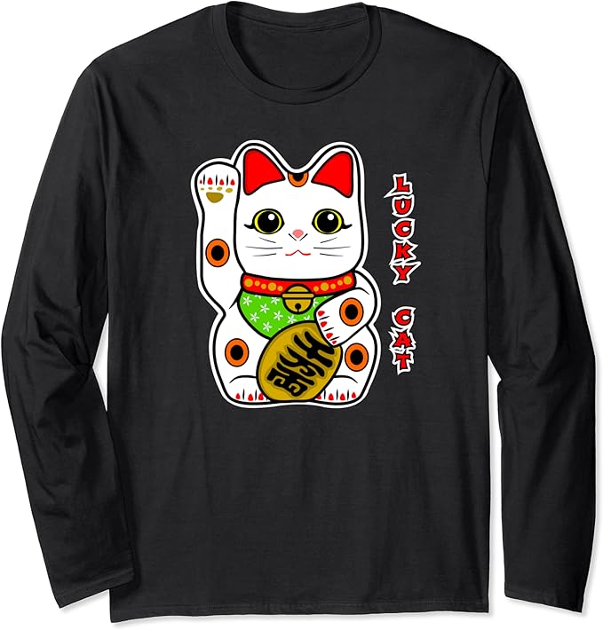 Calico Lucky Cat Maneki neko Beckoning Fortune Right Paw Long Sleeve T
